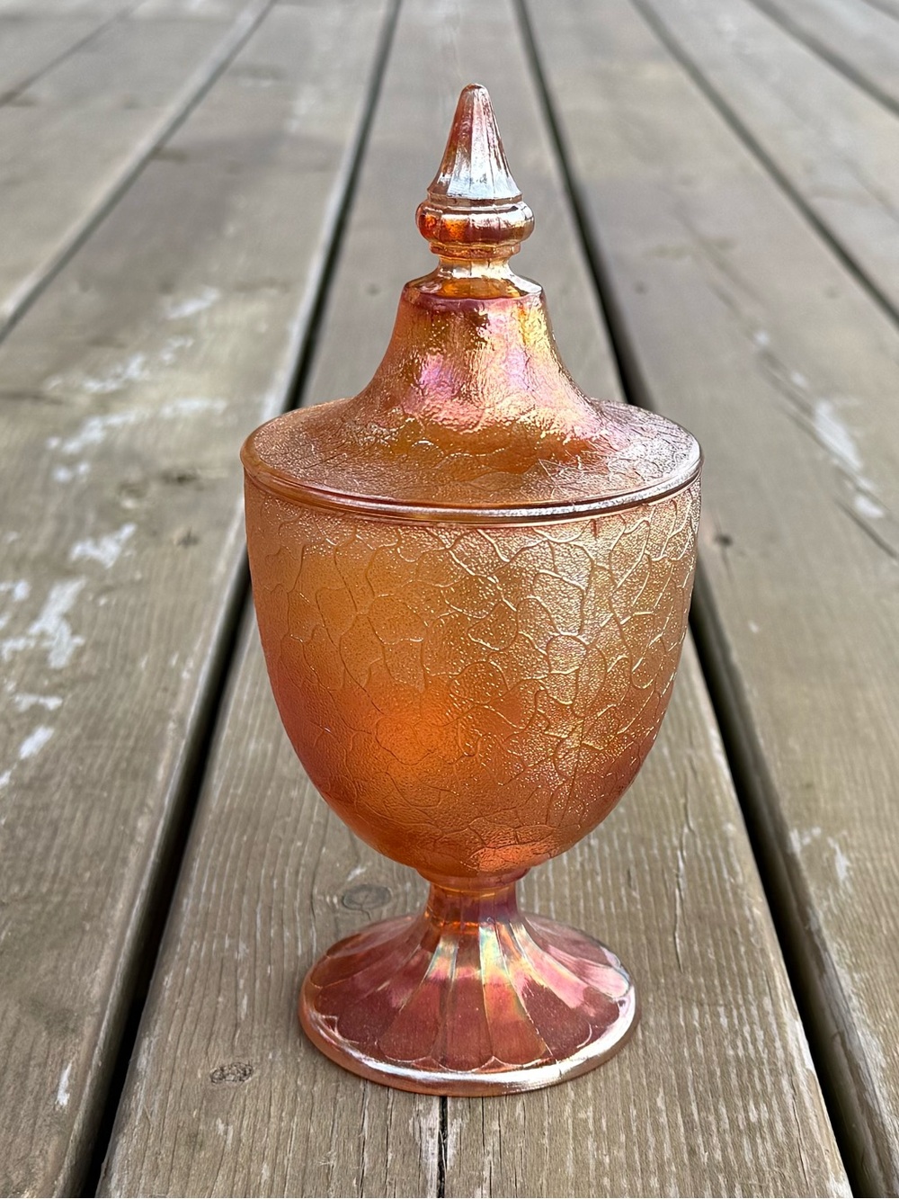 Vintage Jeanette Iridescent Marigold Carnival Glass Crackle Lidded Candy Dish